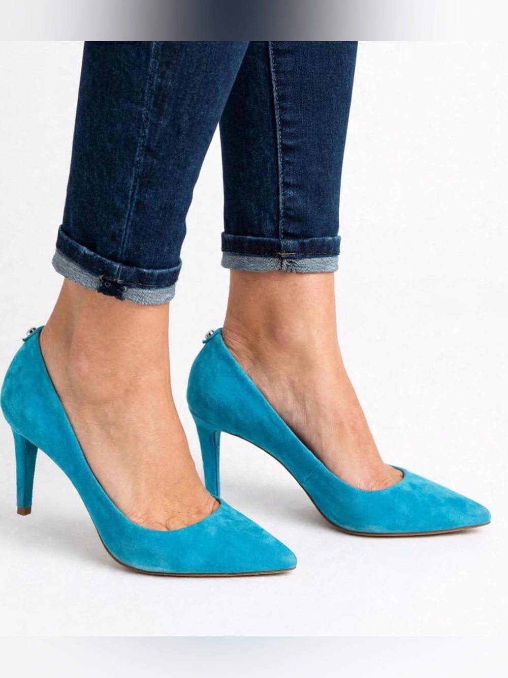 Michael Kors Teal Suede Pumps Pointed Toe Stiletto Heels Turquoise Blue MK Charm